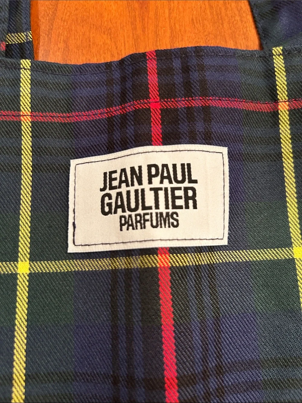 Jean Paul Gaultier Green/Navy Tartan Plaid Tote with Red and Yellow stripes